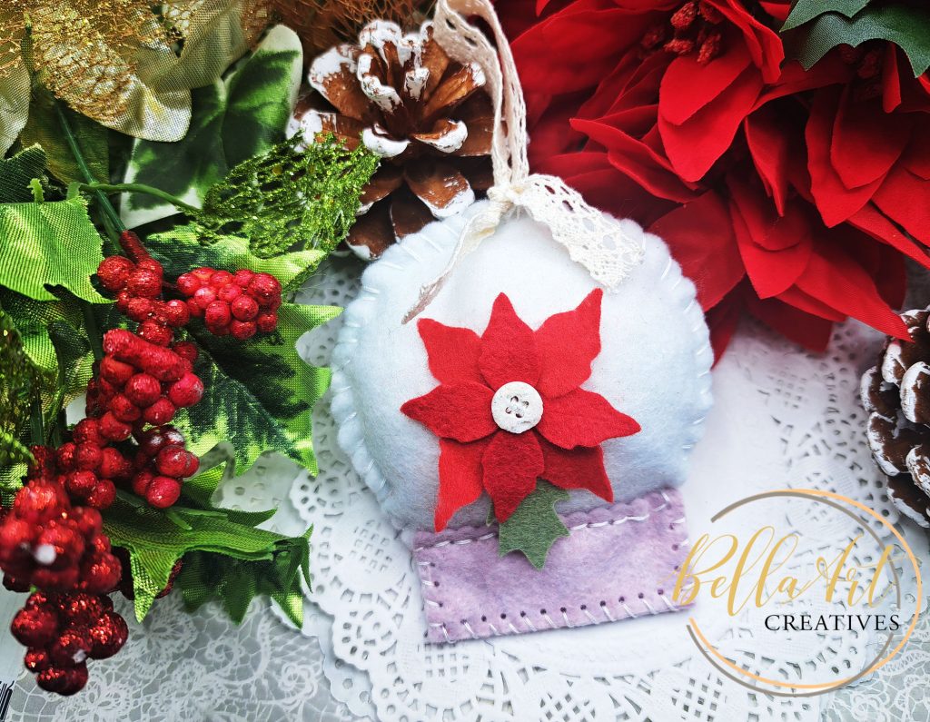Another Stitched Snow Globe Ornament with Pretty Felt Poinsietta Flowers