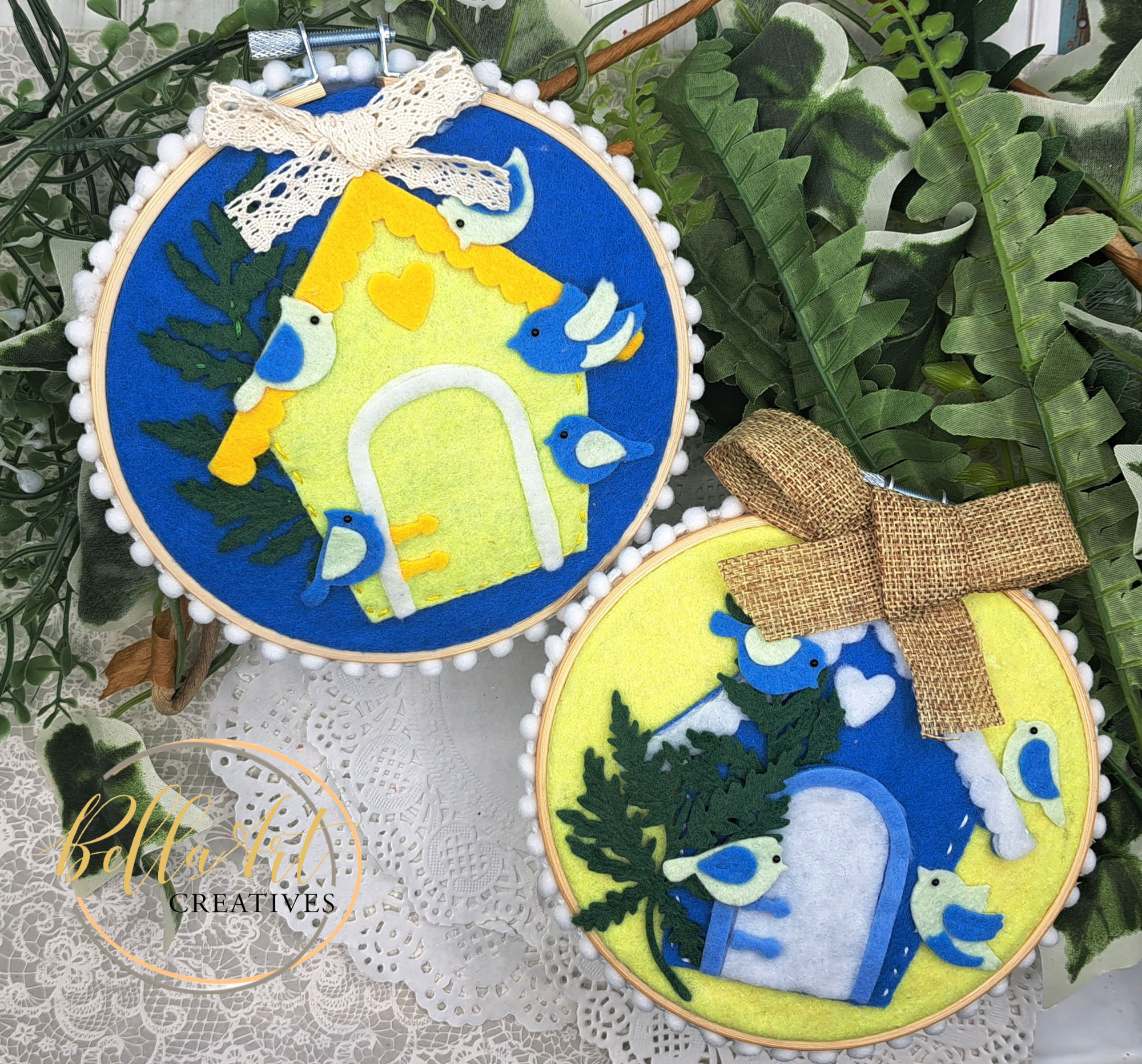 Stitched Birdhouse Scenes on Embroidery Hoops